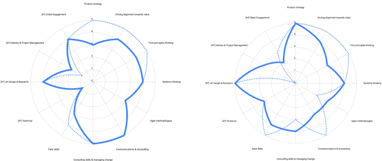 Rose charts showing various skills of a person rated on a scale of 1 to 5