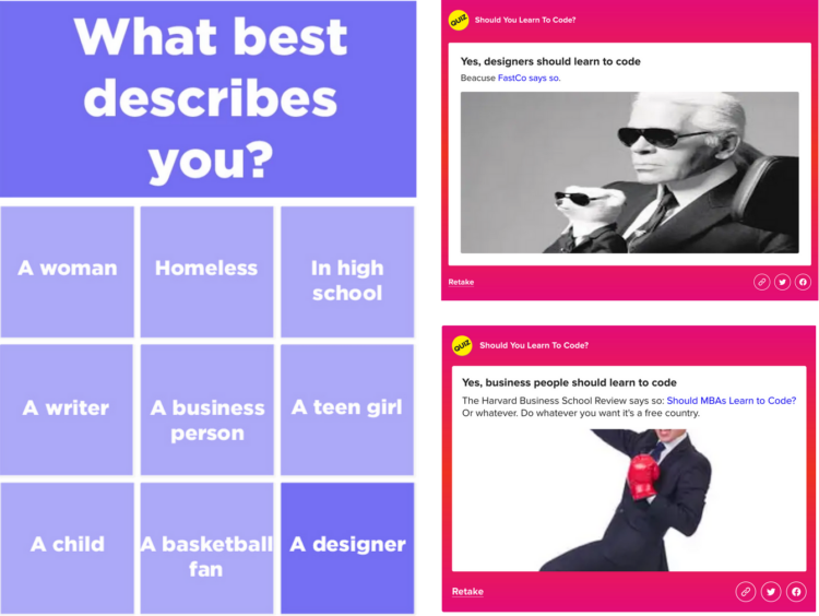 A buzzfeed quiz titled "What best describes you" with various options, followed by two other screenshots of results saying "yes, you should learn to code".